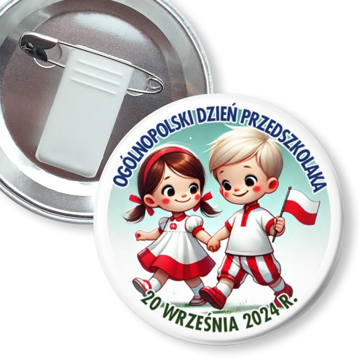 przypinka z żabką i agrafką Ogólnopolski Dzien Przedszkolaka z choragiewką