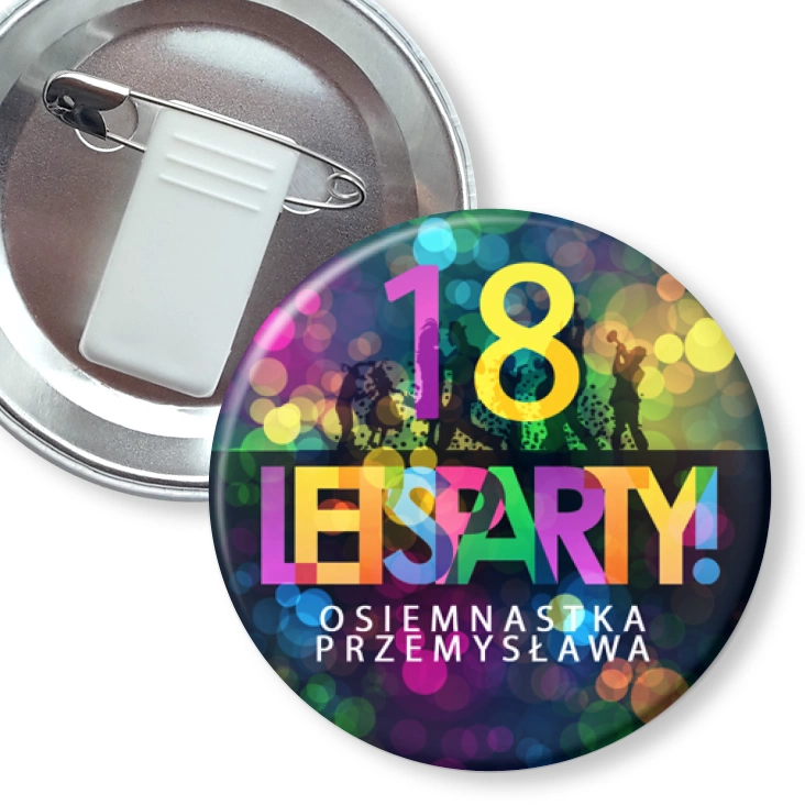 przypinka z żabką i agrafką Osiemnastka lets party z imieniem