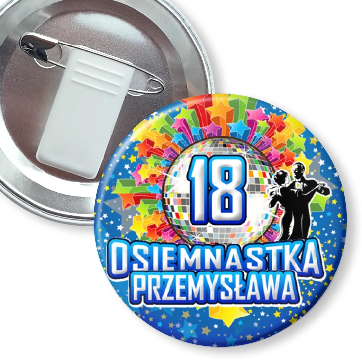 przypinka z żabką i agrafką Osiemnastka z imieniem i kulą disco