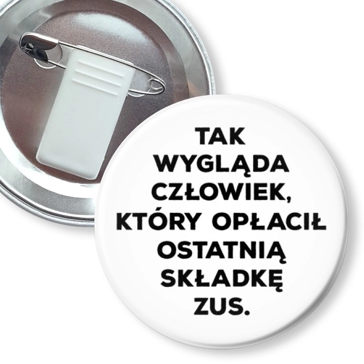 przypinka z żabką i agrafką Ostatnia składka ZUS