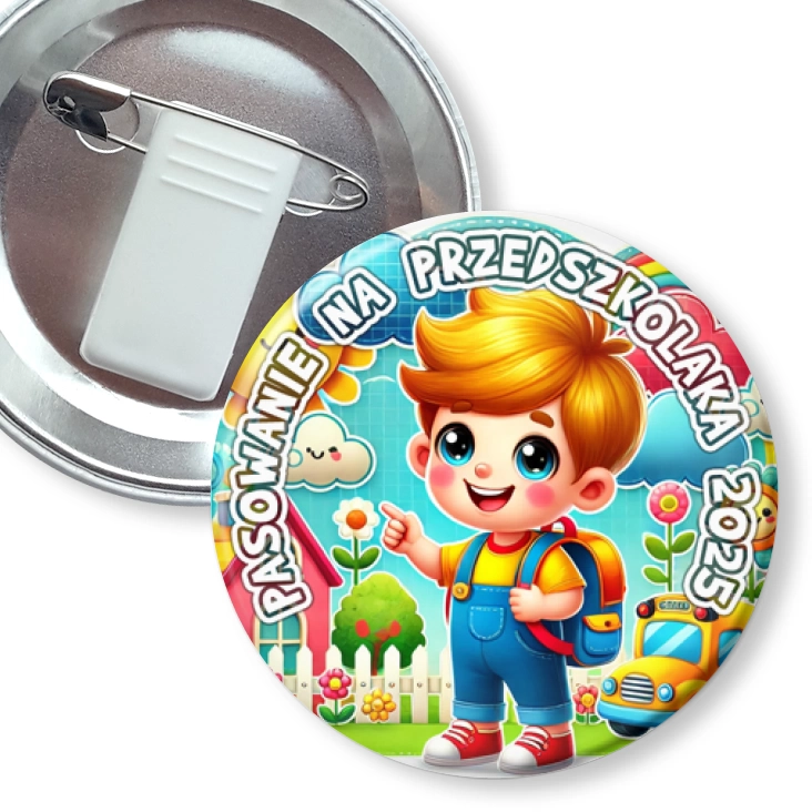 przypinka z żabką i agrafką Pasowanie na przedszkolaka chlopiec