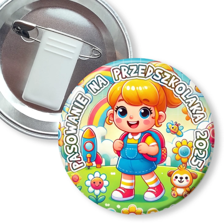 przypinka z żabką i agrafką Pasowanie na przedszkolaka dziewczynka
