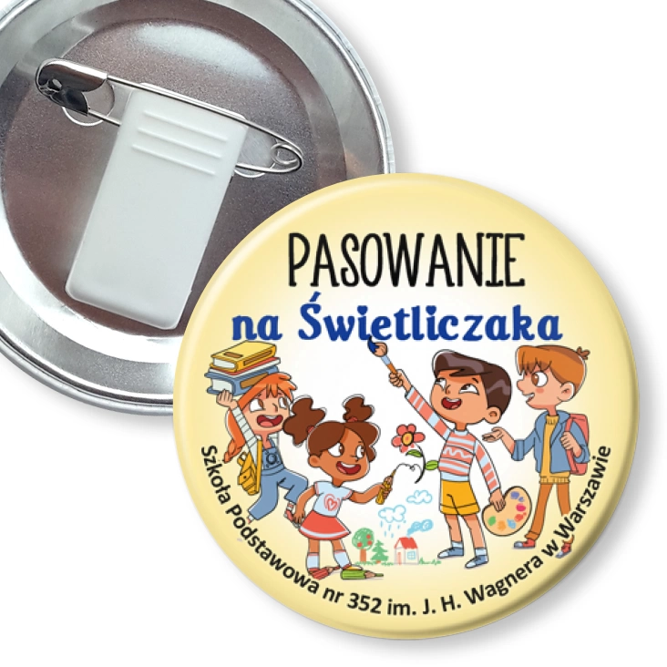 przypinka z żabką i agrafką Pasowanie na Świetliczaka SP 352 w Warszawie