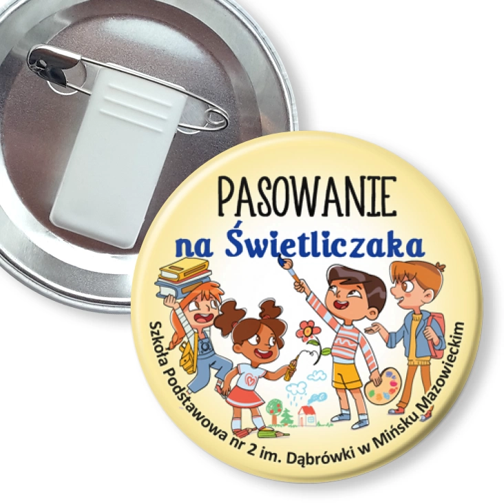 przypinka z żabką i agrafką Pasowanie na Świetliczaka SP2 Mińsk Mazowiecki