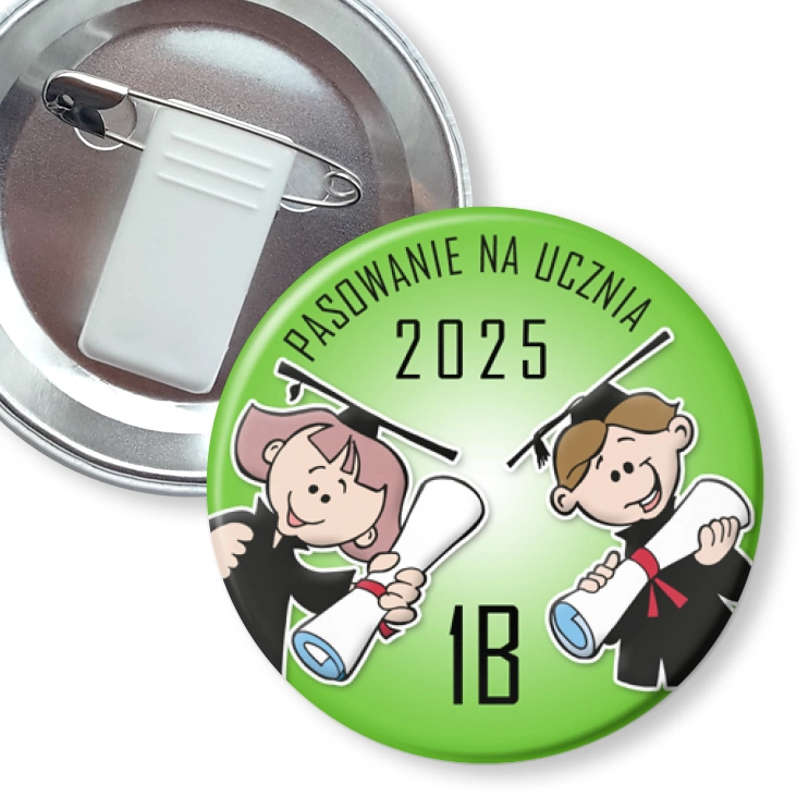 przypinka z żabką i agrafką Pasowanie na ucznia - 1b