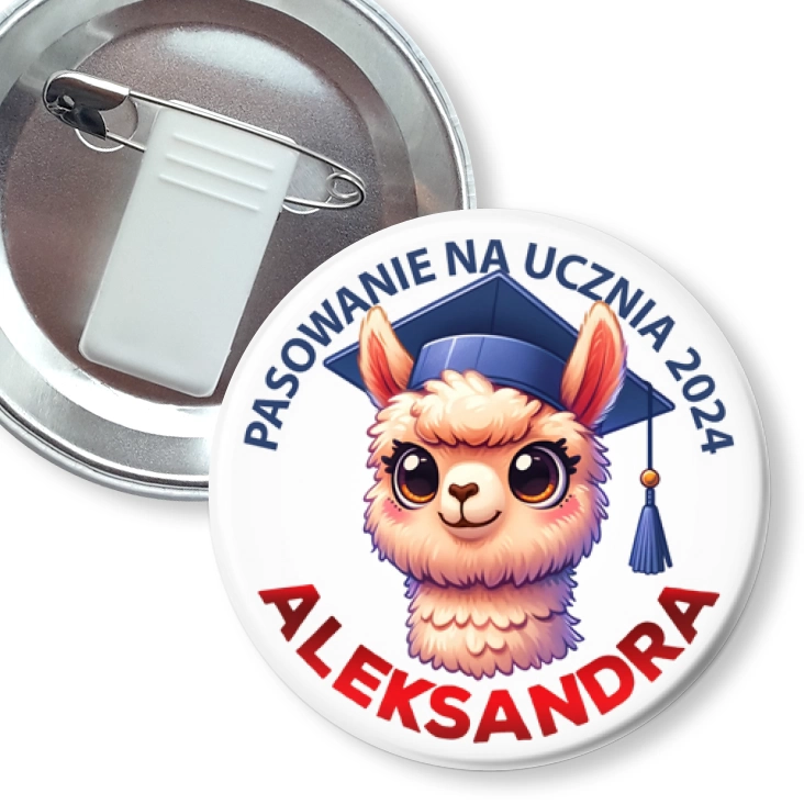 przypinka z żabką i agrafką Pasowanie na ucznia alpaka z imieniem