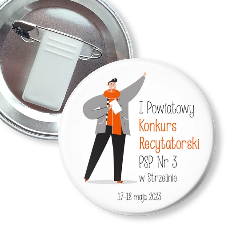 przypinka z żabką i agrafką Pierwszy Powiatowy Konkurs Recytatorski PSP nr 3 w Strzelinie