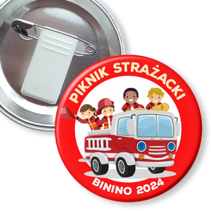 przypinka z żabką i agrafką Piknik Strażacki Binino 2024