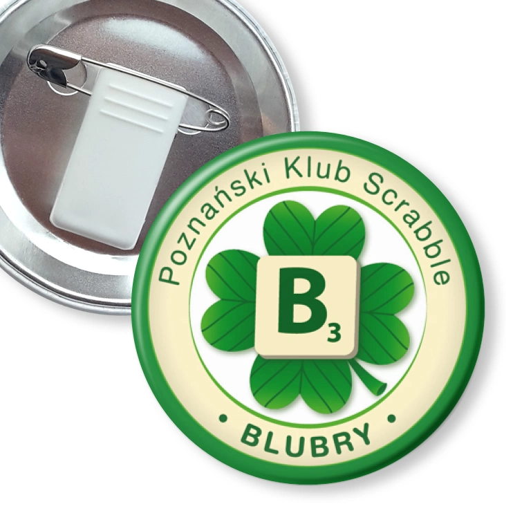 przypinka z żabką i agrafką Poznański Klub Scrabble Blubry