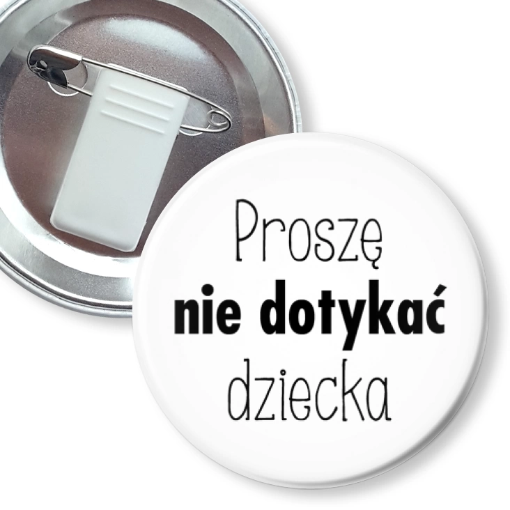 przypinka z żabką i agrafką Proszę nie dotykać dziecka