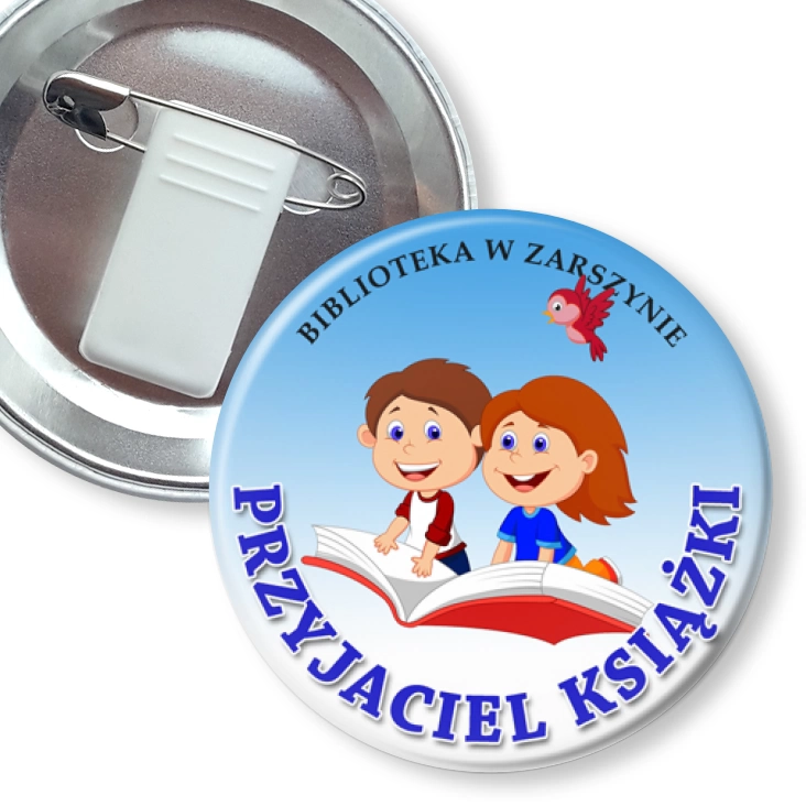 przypinka z żabką i agrafką Przyjaciel książki Biblioteka w Zarszynie