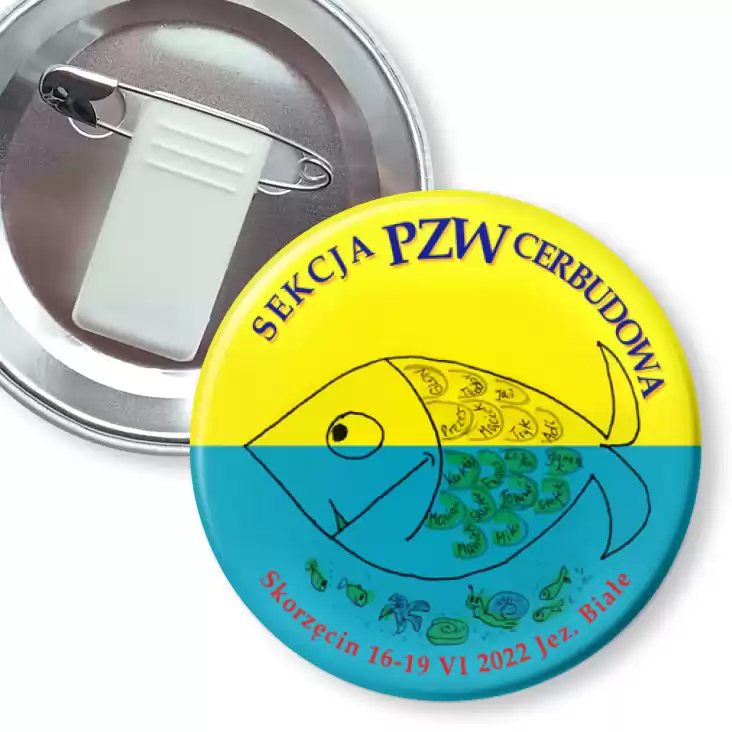 przypinka z żabką i agrafką PZW Cerbudowa jezioro Białe 2022
