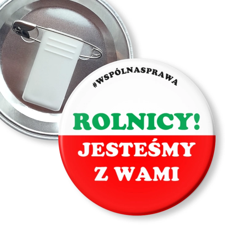 przypinka z żabką i agrafką Rolnicy jesteśmy z Wami