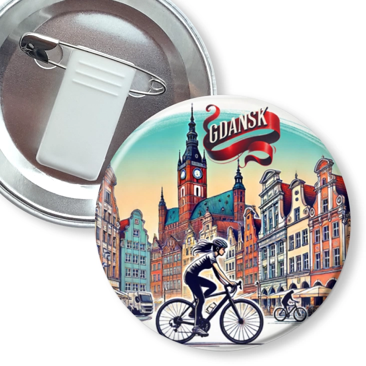 przypinka z żabką i agrafką Rowerzystka Gdańsk