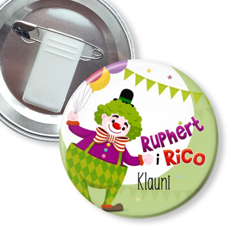 przypinka z żabką i agrafką Ruphert i Rico Klauni na miętowym tle