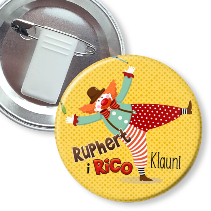 przypinka z żabką i agrafką Ruphert i Rico Klauni retro