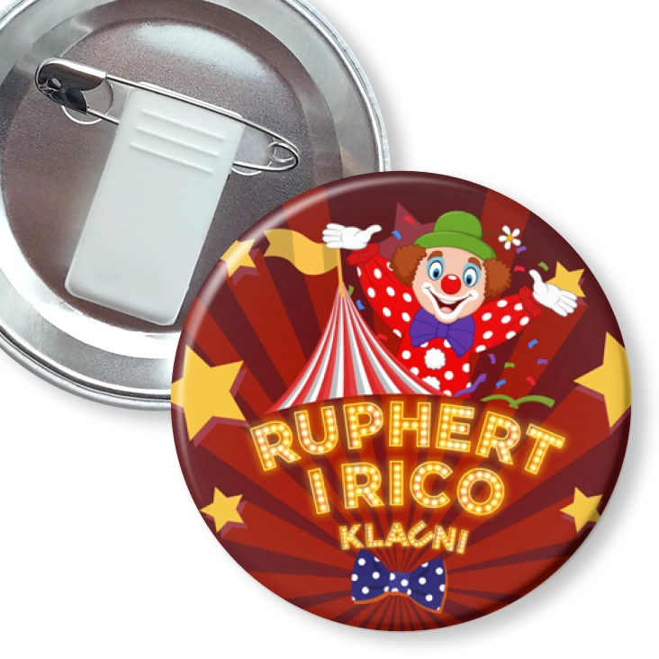 przypinka z żabką i agrafką Ruphert i Rico Klauni Show