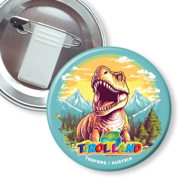 przypinka z żabką i agrafką Rysunkowy tyranozaur Tirolland