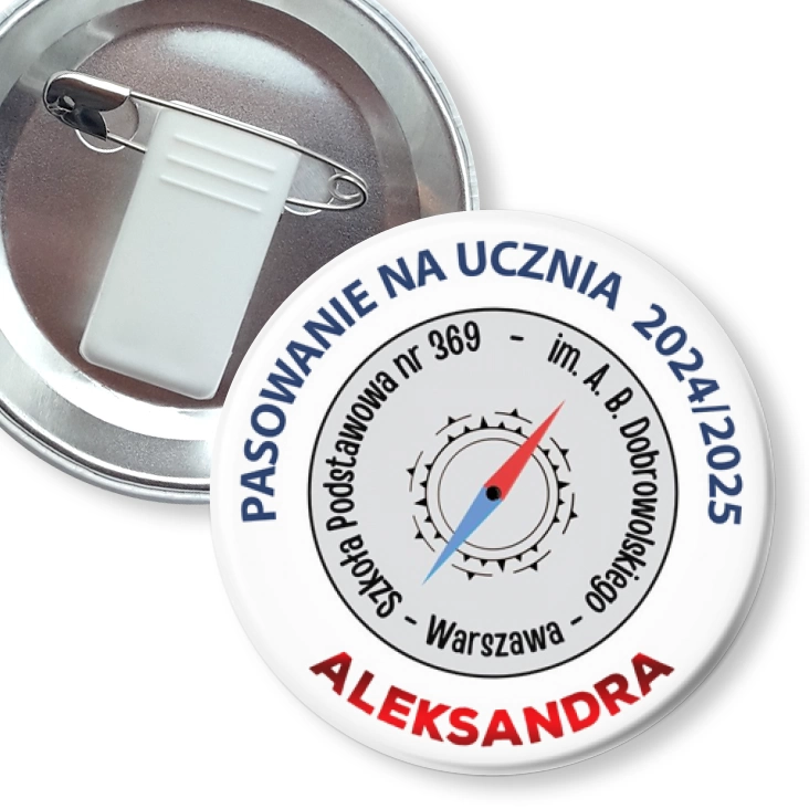 przypinka z żabką i agrafką SP 369 Warszawa Pasowanie na Ucznia