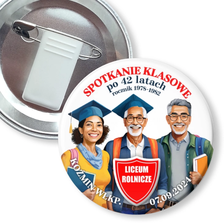 przypinka z żabką i agrafką Spotkanie klasowe po 42 latach Liceum Rolnicze Koźmin Wlkp.