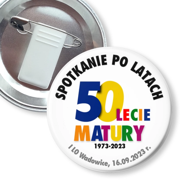 przypinka z żabką i agrafką Spotkanie po latach 50-lecie matury