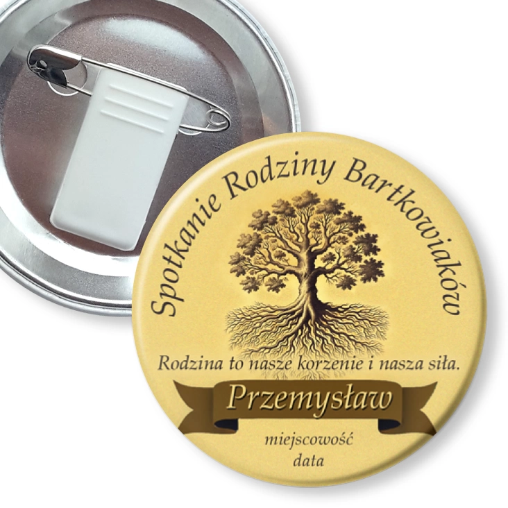 przypinka z żabką i agrafką Spotkanie rodziny z imieniem i dębem