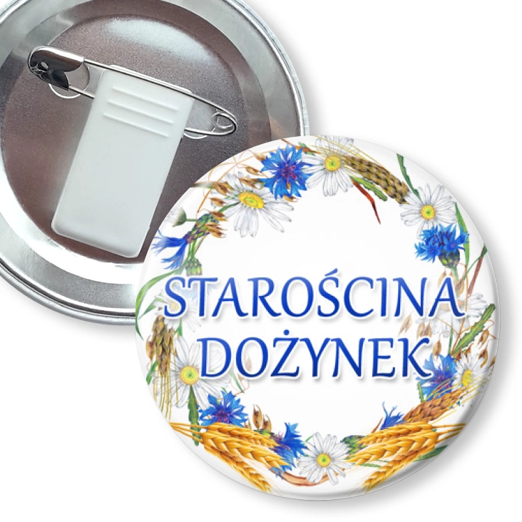 przypinka z żabką i agrafką Starościna dożynek wieniec z chabrami