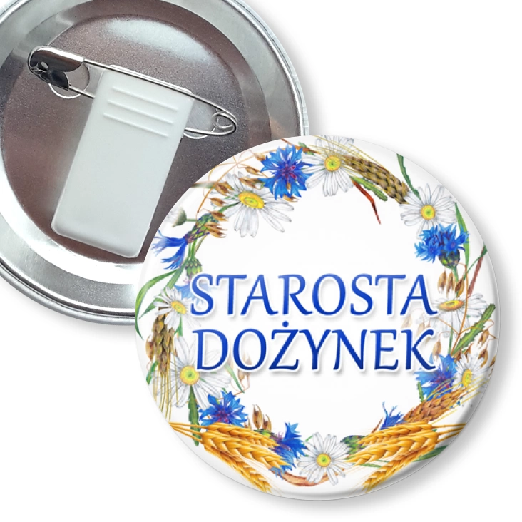przypinka z żabką i agrafką Starosta dożynek wieniec z chabrami