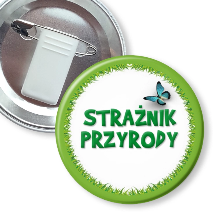 przypinka z żabką i agrafką Strażnik Przyrody trawa z motylem