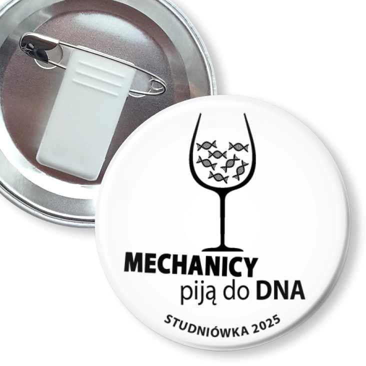 przypinka z żabką i agrafką Studniówka biała mechanicy piją do dna