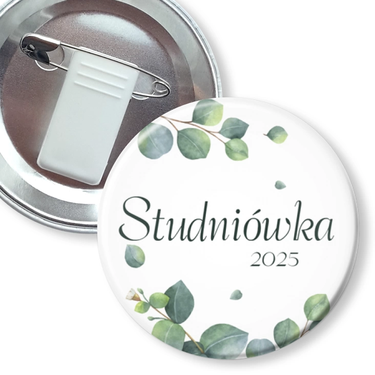 przypinka z żabką i agrafką Studniówka button z listkami