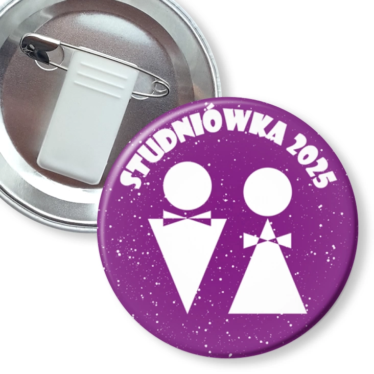 przypinka z żabką i agrafką Studniówka fioletowa z parą i muszkami