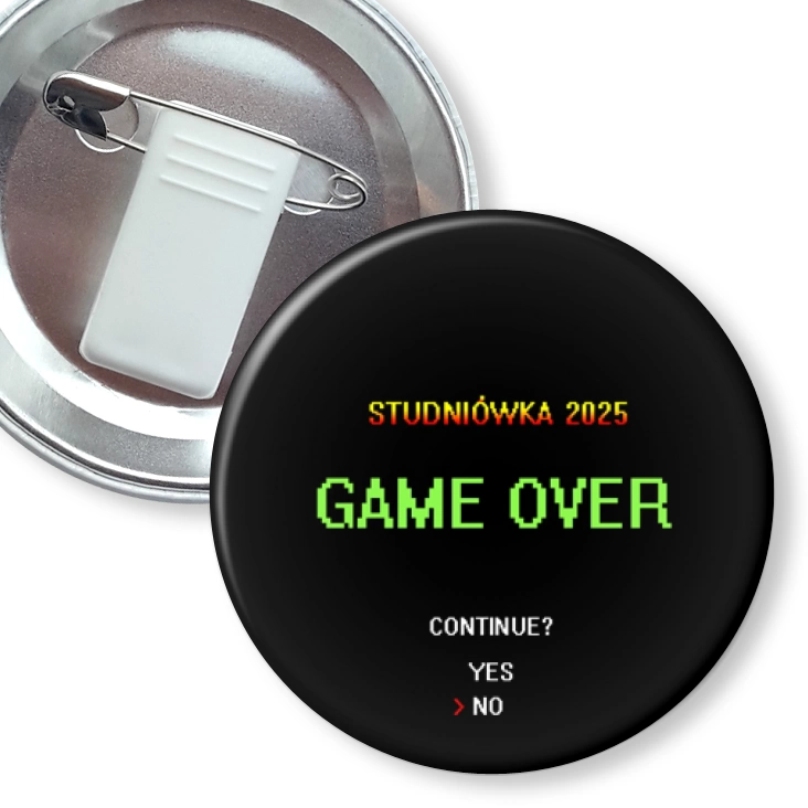 przypinka z żabką i agrafką Studniówka game over continue yes no