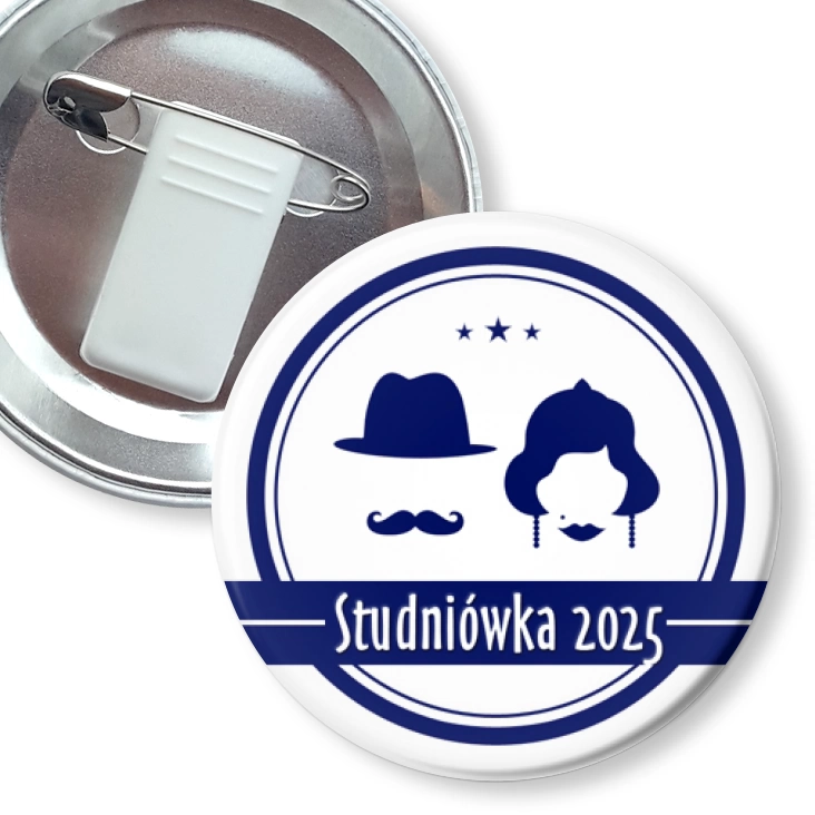 przypinka z żabką i agrafką Studniówka granatowa retro z wąsem i kapeluszem