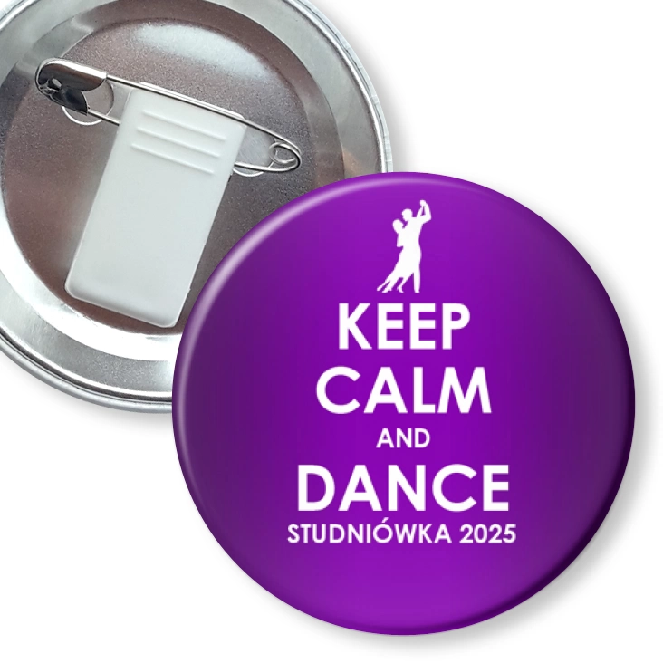 przypinka z żabką i agrafką Studniówka keep calm and dance fioletowa