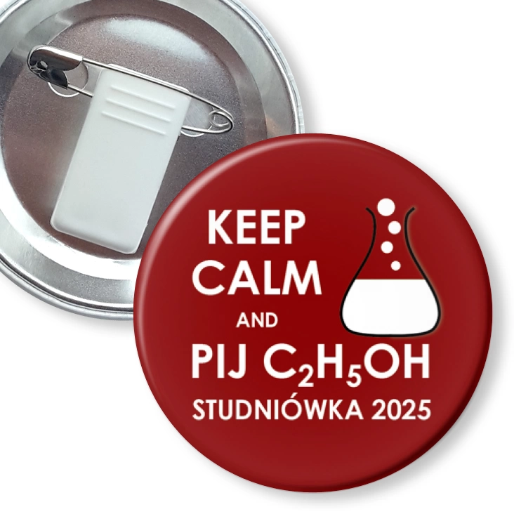 przypinka z żabką i agrafką Studniówka keep calm and pij C2H5OH