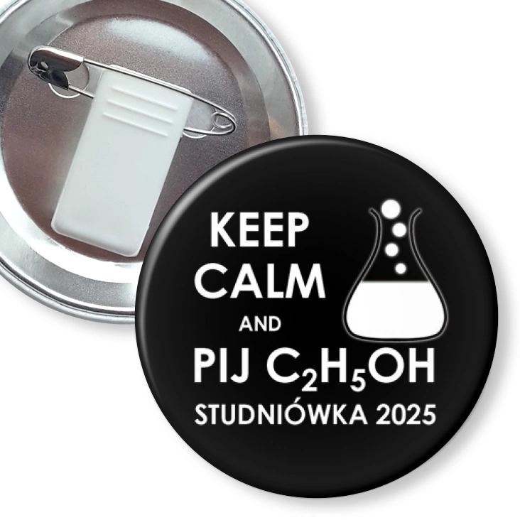 przypinka z żabką i agrafką Studniówka keep calm and pij C2H5OH czarna