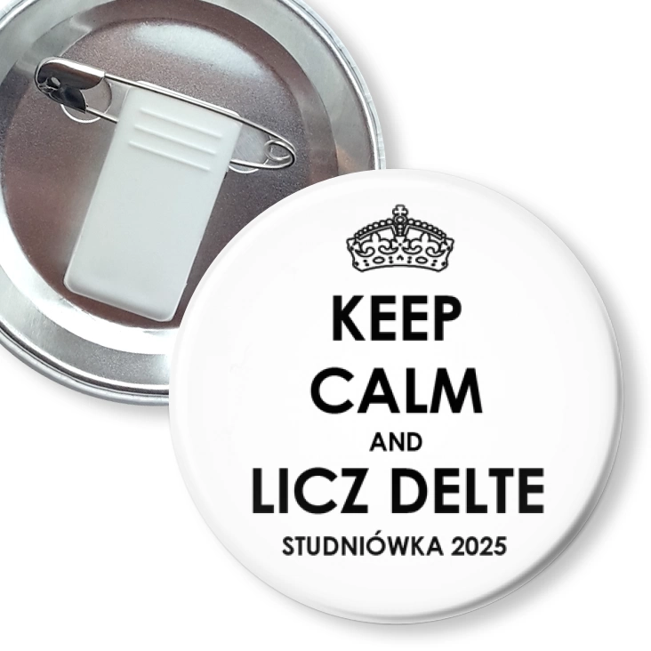 przypinka z żabką i agrafką Studniówka keep calm i licz deltę biała