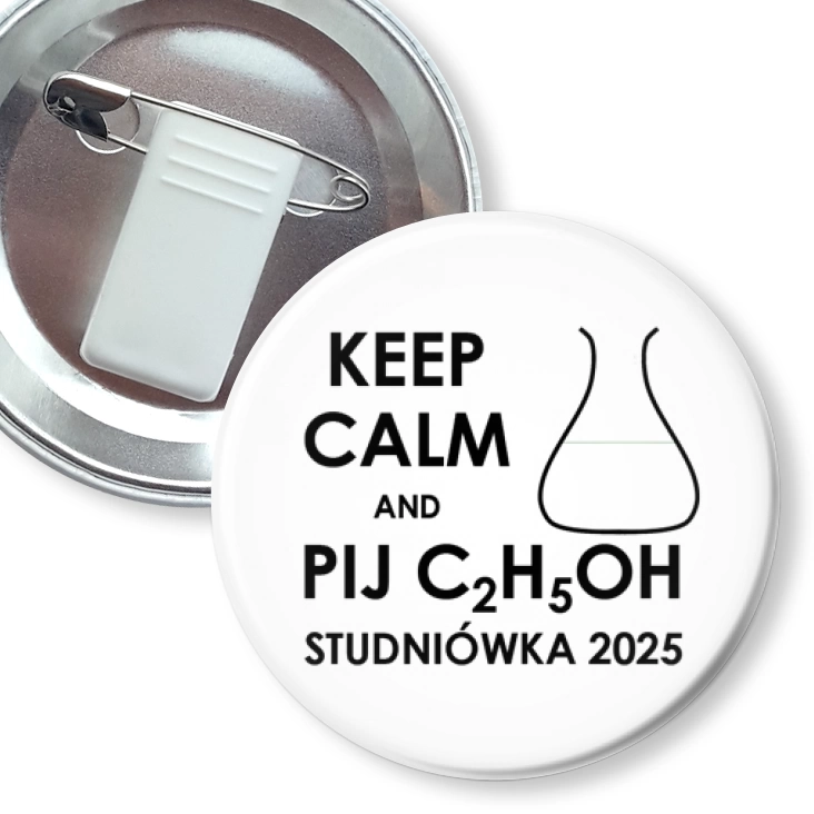 przypinka z żabką i agrafką Studniówka keep calm i pij C2H5OH biała