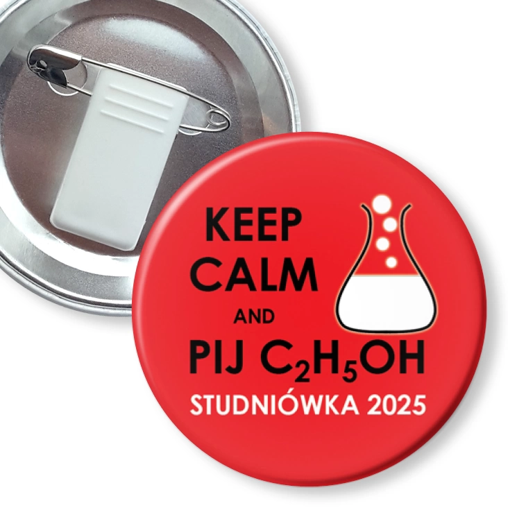 przypinka z żabką i agrafką Studniówka keep calm i pij C2H5OH czerwona