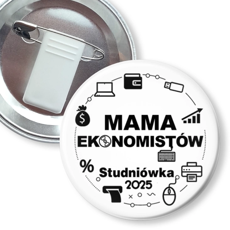 przypinka z żabką i agrafką Studniówka Mama ekonomistów na białym tle