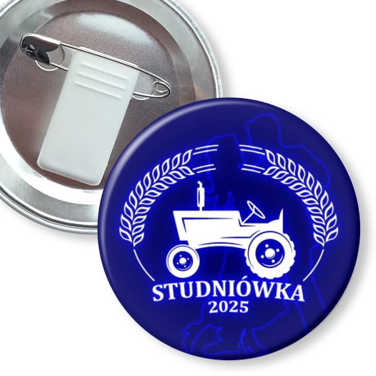 przypinka z żabką i agrafką Studniówka z ciągnikiem