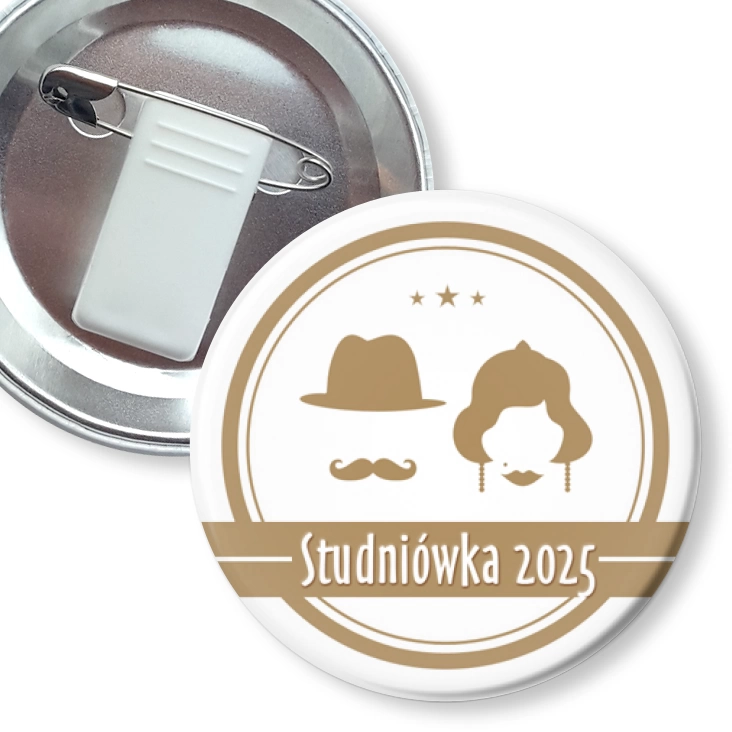 przypinka z żabką i agrafką Studniówka retro z wąsem i kapeluszem