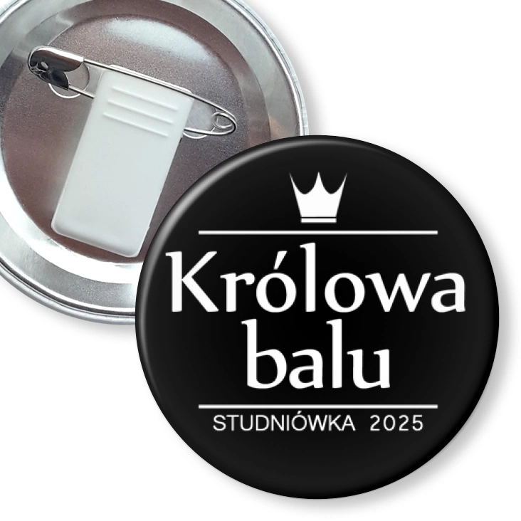 przypinka z żabką i agrafką Studniówka z koroną królowa balu czarna