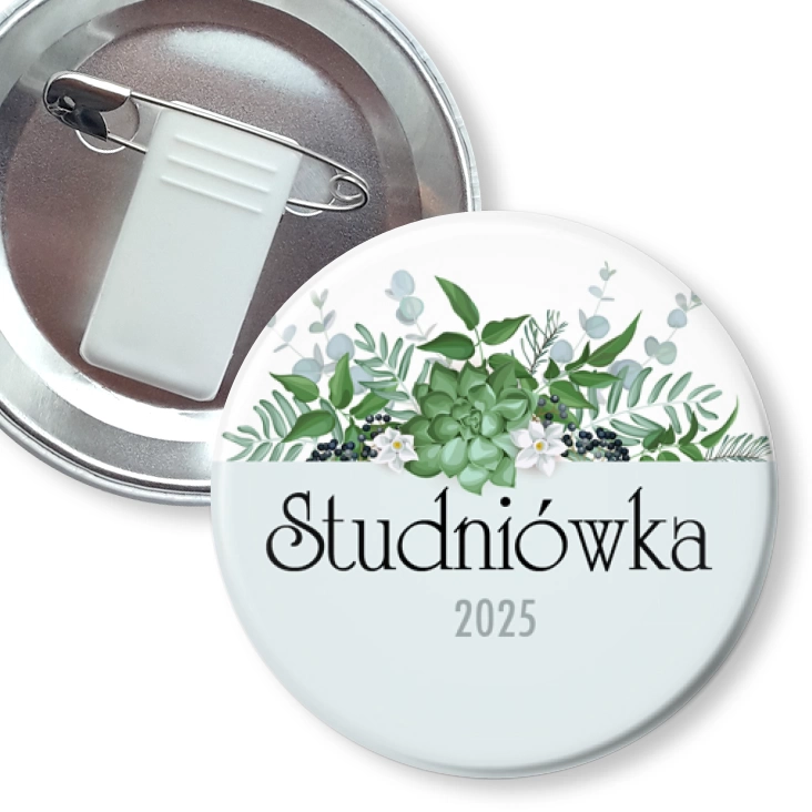 przypinka z żabką i agrafką Studniówka z zielonym bukietem