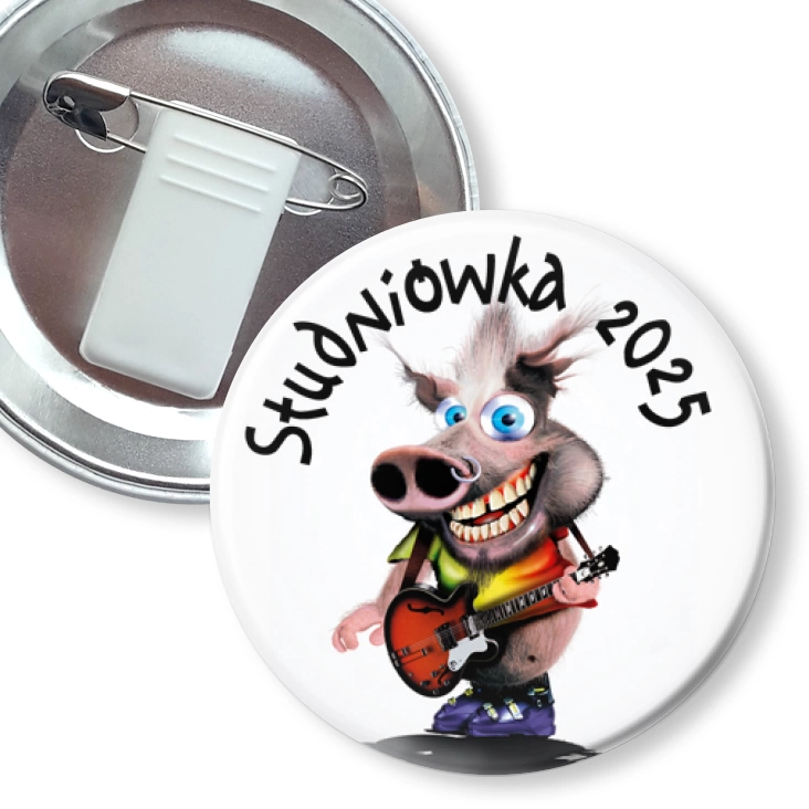 przypinka z żabką i agrafką Studniówka ze świnką gitarzystą punk