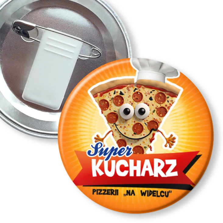 przypinka z żabką i agrafką Super Kucharz Pizzerii na Widelcu