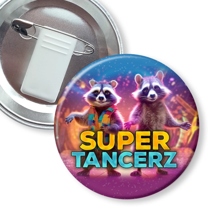 przypinka z żabką i agrafką Super tancerz szop Pedro