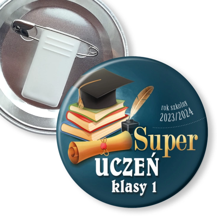 przypinka z żabką i agrafką Super uczeń klasy 1