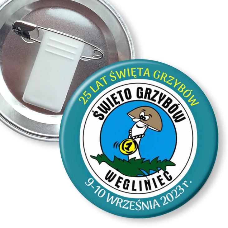 przypinka z żabką i agrafką Święto Grzybów Węgliniec 2023